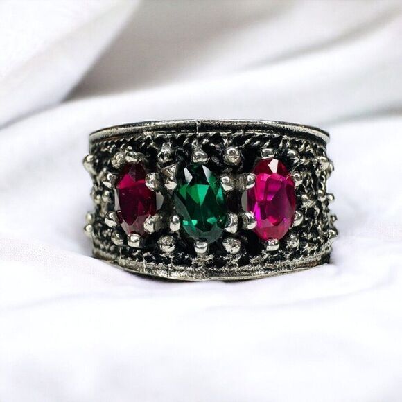 Vintage 10k White Gold Turkish Ring Sz 6.5 Ruby Emerald Sapphire 10mm Band 5.5g - Picture 7 of 16